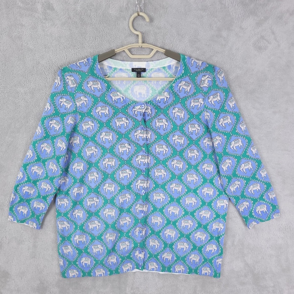 Talbots Cardigan Sweater Womens 1XP Airavat Indian Elephant Button Up 3/4 Sleeve